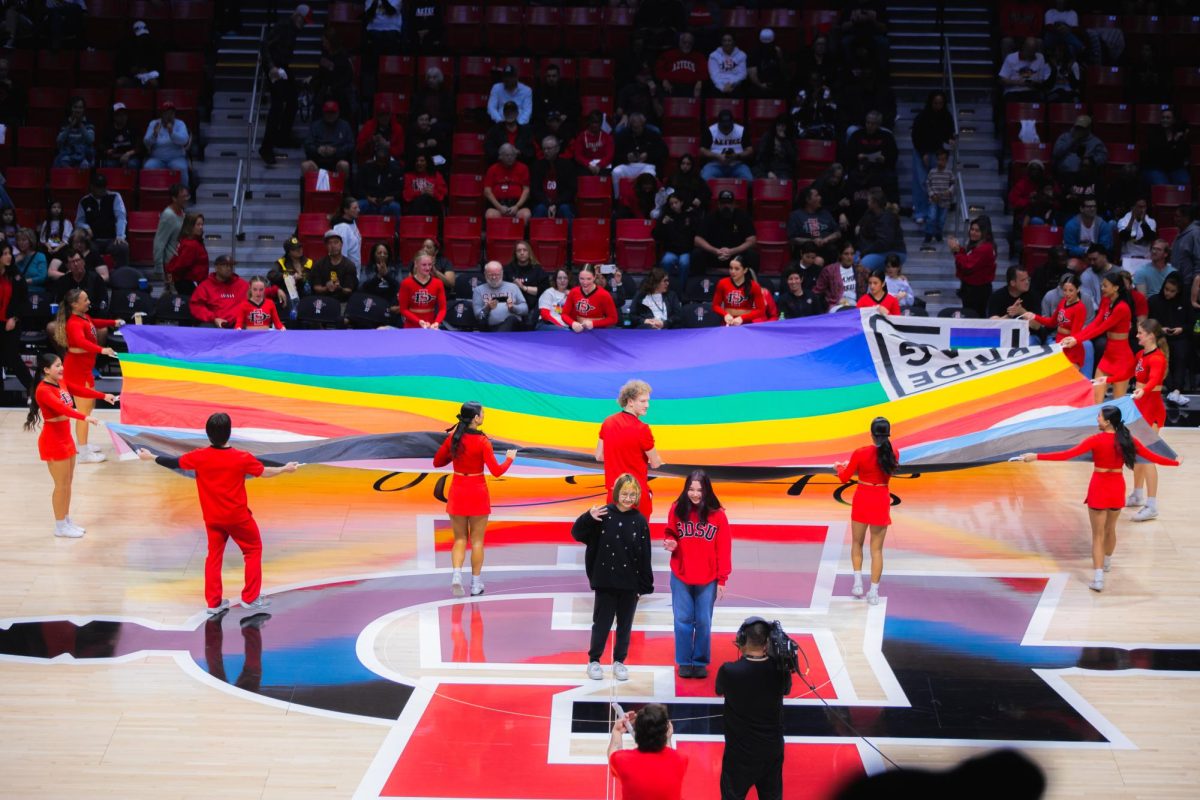 The San Diego State cheer team holds a Pride flag display at halftime during a game against San Jose State on Saturday, Jan. 24, 2026 at Viejas Arena. 