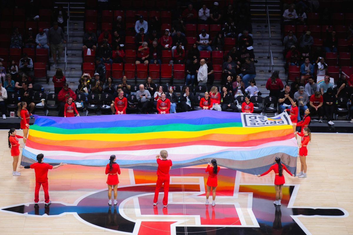 The San Diego State cheer team holds a Pride flag display at halftime during a game against San Jose State on Saturday, Jan. 24, 2026 at Viejas Arena. 