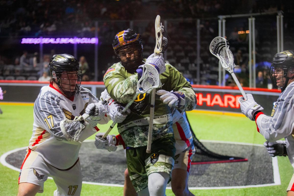 San Diego seals players with the ball being chased and cornered by three wings defenders against the Philadelphia Wings at Pechanga Arena on January 30, 2026.  