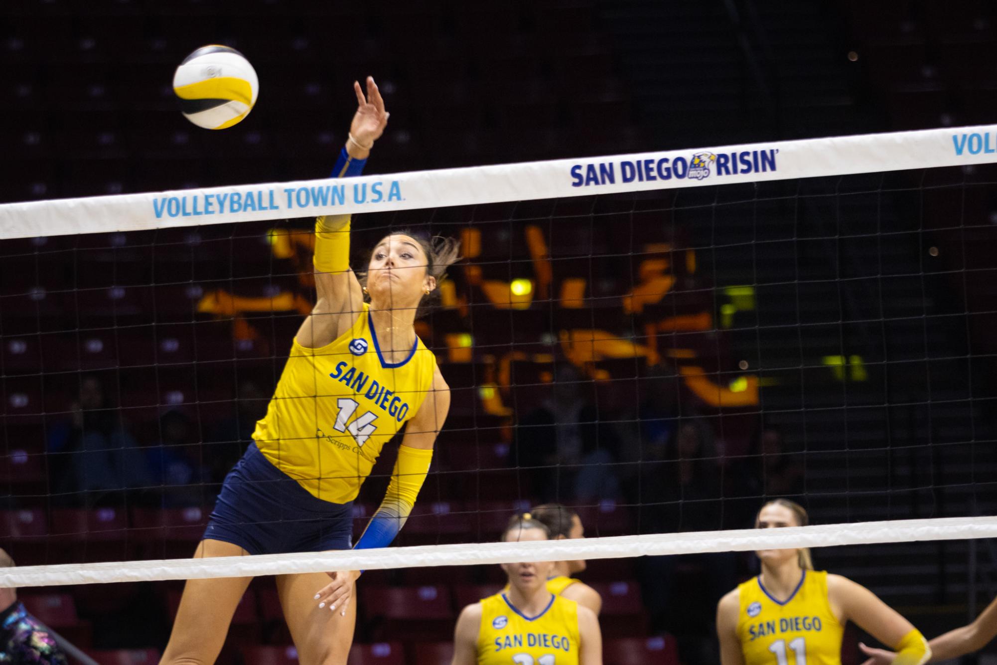 San Diego Mojo middle blocker McKenna Vicini spikes the ball with authority during a 3-1 victory against Indy Ignite on Monday, Feb. 9, 2026 at Viejas Arena
