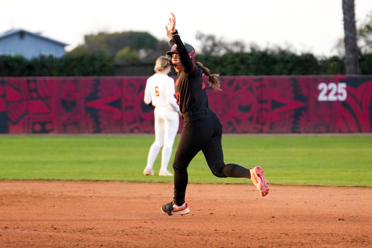 San Diego State catcher Jade Ignacio (Sr.) celebrating after the team's first home run of the season against Minnesota on Feb. 6th, 2026.