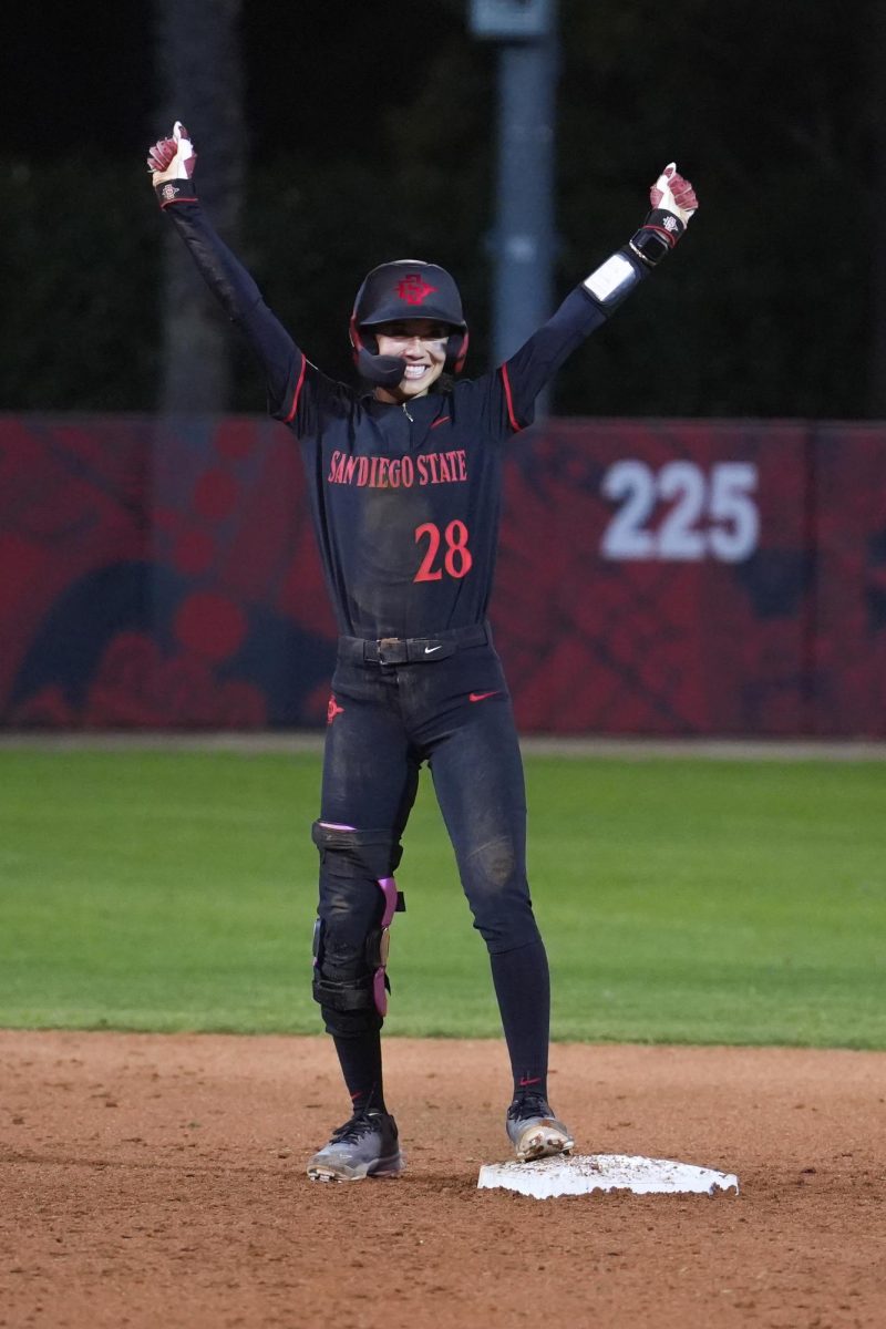 San Diego State infielder Lala Macario puts on an excited game face on during SDSU softball's season opener on Feb. 6th, 2026.