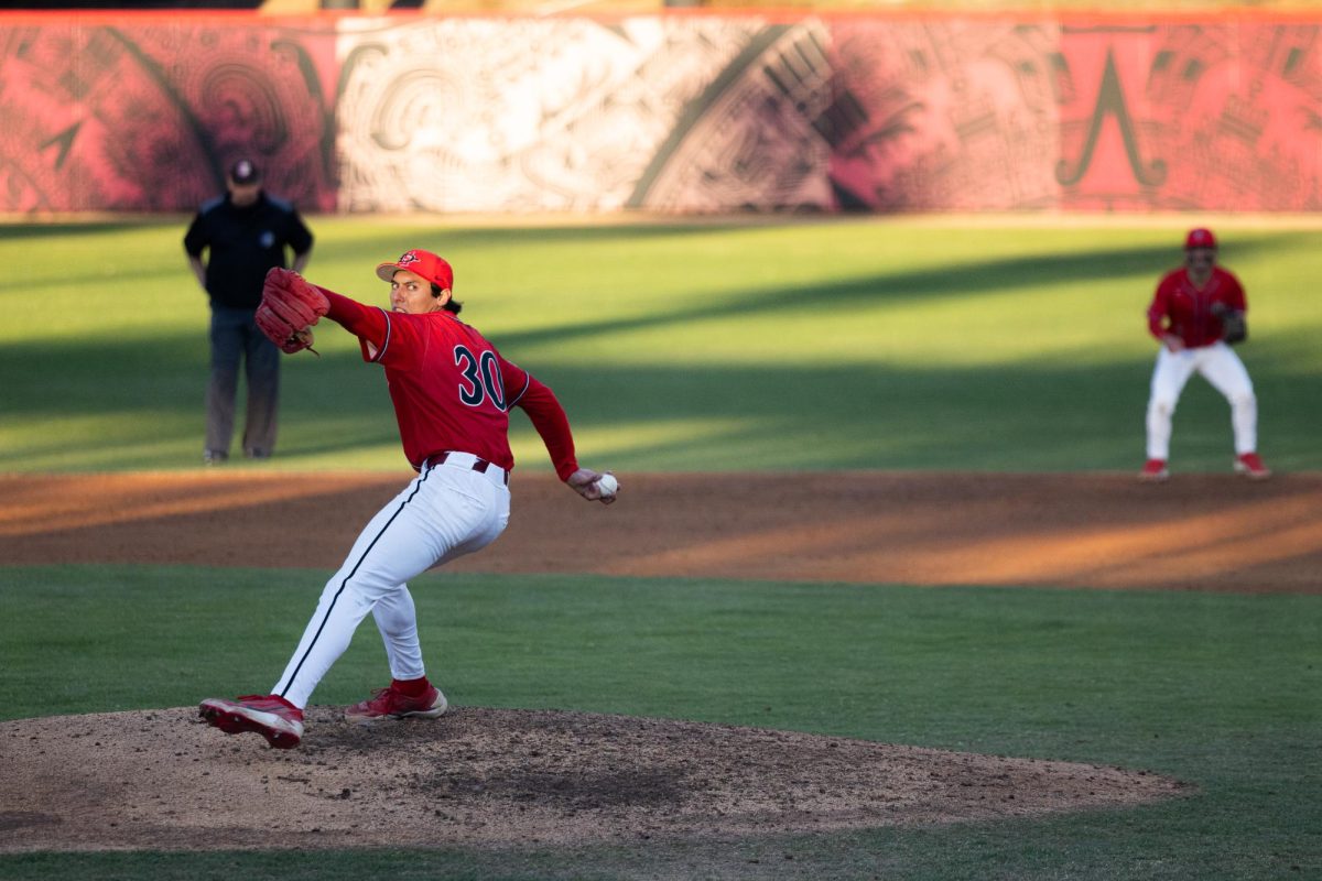 Aztecs pitcher David Ladjevic delivers the pitch in the third inning of SDSU’s home loss to the University of San Diego on Feb. 22, 2026. 