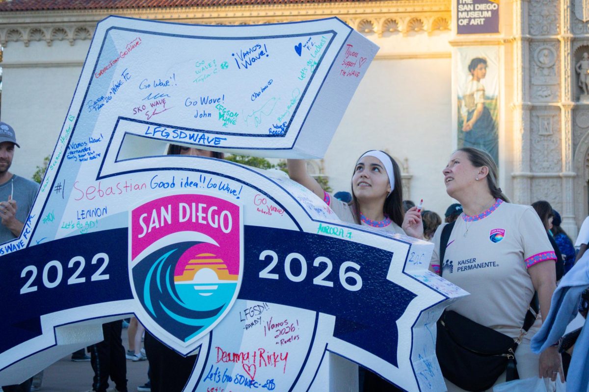 SD Wave fans sign the big 5 to honor the 5 year anniversary from when SD Wave was founded at the
San Diego Wave’s jersey reveal event on Feb. 26, 2026 