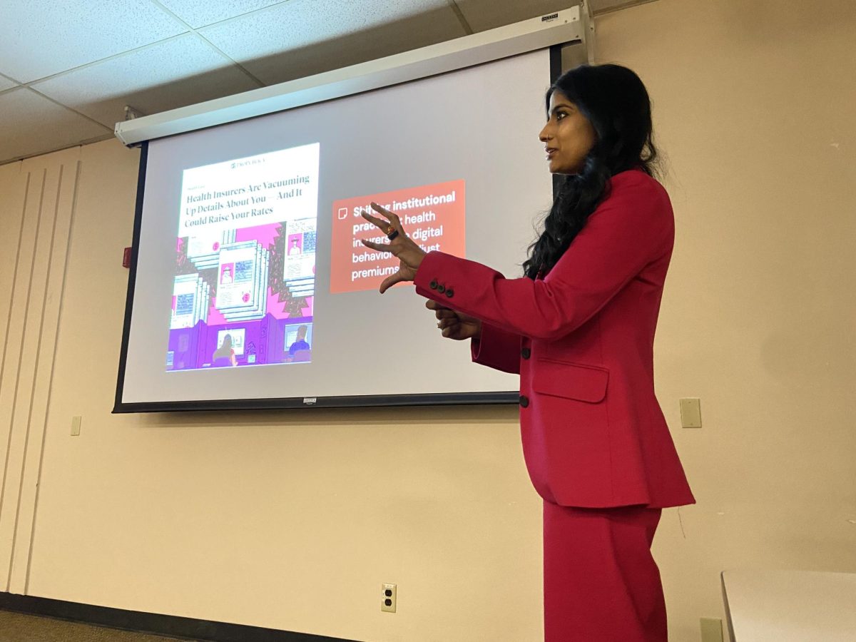 Professor Nita Umashankar presents her research on consumer reactions to data surveillance threats at the Discoveries and Dialogues Colloquium in the Love Library, Jan. 28, 2026. Researchers also presented findings about the false history of slavery in Nicaragua and stigmatized conversations about sex.
