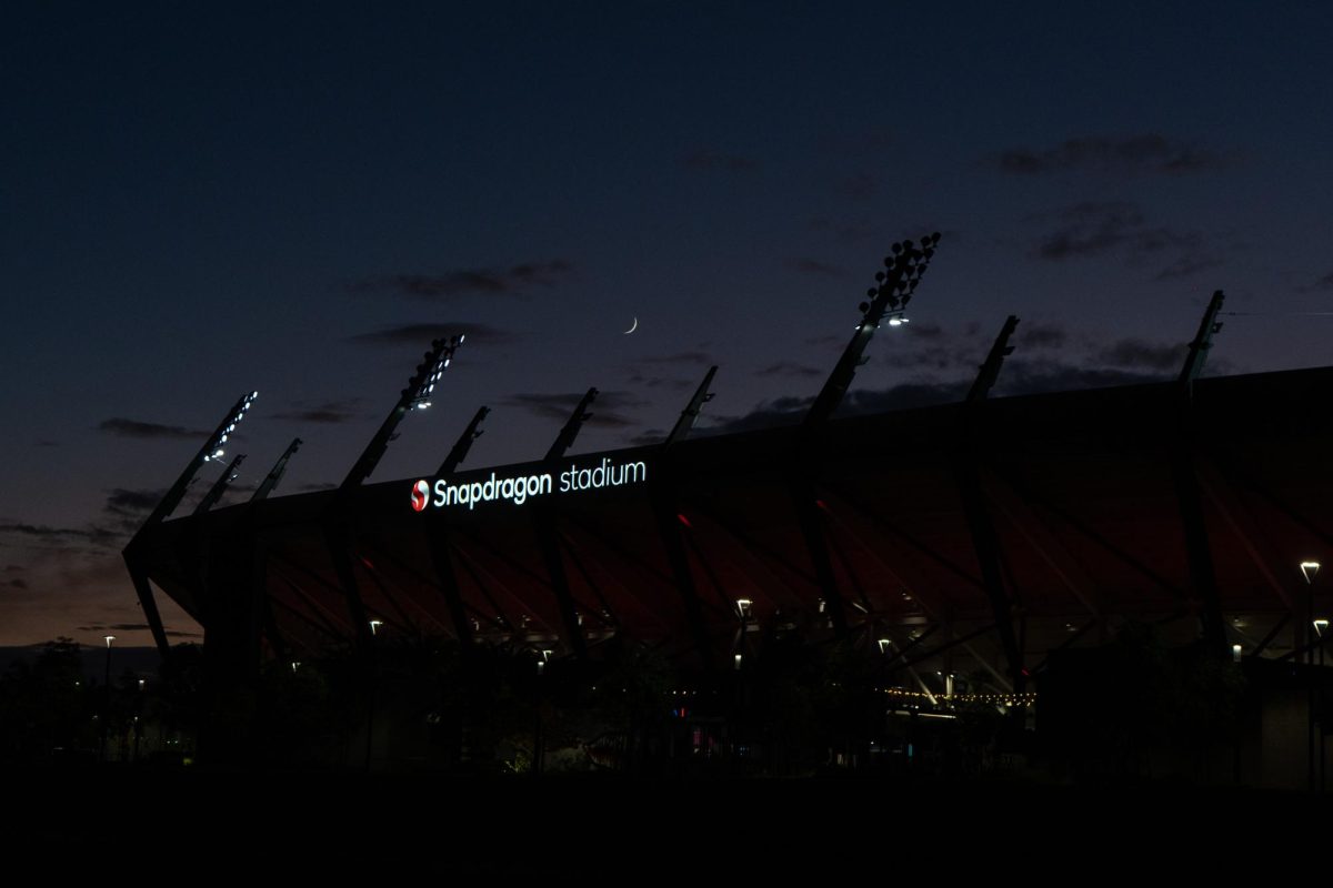 Snapdragon Stadium lights up at night from the outside before a football game on Saturday, Nov. 22, 2025. 