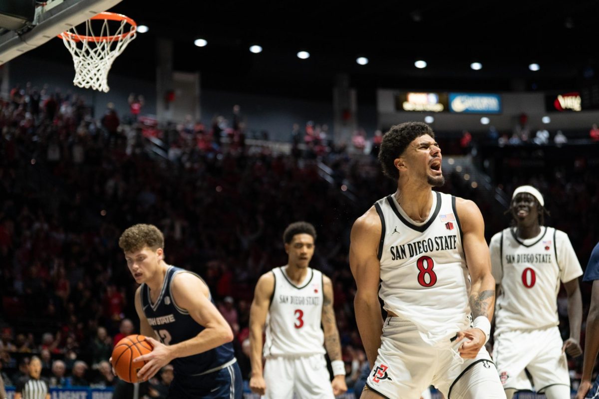 San Diego State freshman forward Tae Simmons (8) celebrates after making a dunk in a 89-72 win against Utah State Wednesday, Feb.26, 2026, at Viejas Arena.