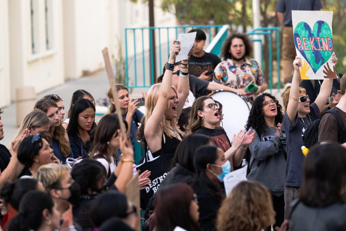 Protesters chant outside of Conrad Prebys Aztec Student Union at San Diego State University, Thursday, Feb. 5, 2026, in San Diego, Calif.