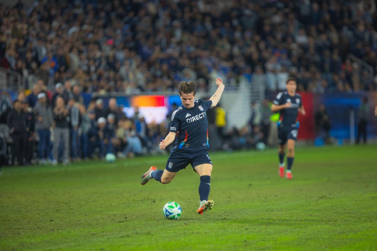 SDFC Forward Andres Dryer sets up a goal kick.