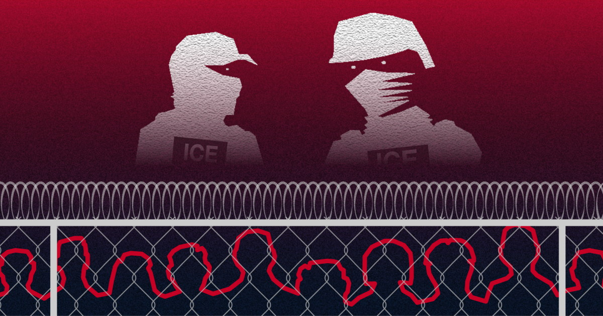 Immigration and Customs Enforcement agents stand above a fenced detention area. 