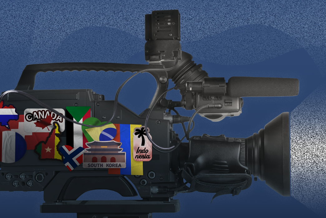 An illustration of a video camera overlaid with international flags highlights the global reach of cinema.