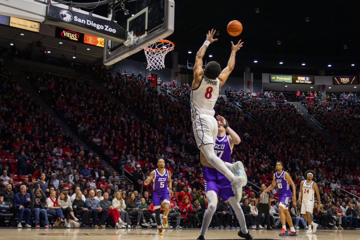 Freshman forward Tae Simmons goes up high to catch the alley-oop during the game against Grand Canyon on Feb. 17, 2026