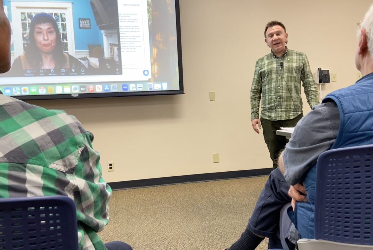 Tom Alter, a professor fired from Texas State University, speaks at the event “No One Is Safe: Assaults on Academic Freedom in the United States,” joined virtually by Sang Hea Kil, a professor fired from San Jose State University, in the Love Library, Feb. 18, 2026. 
