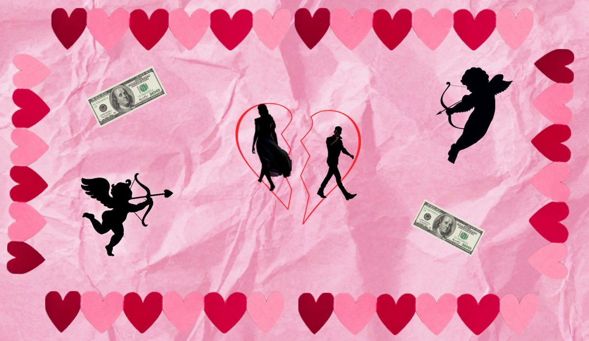 Graphic details break-up, cupids, hearts and money.
