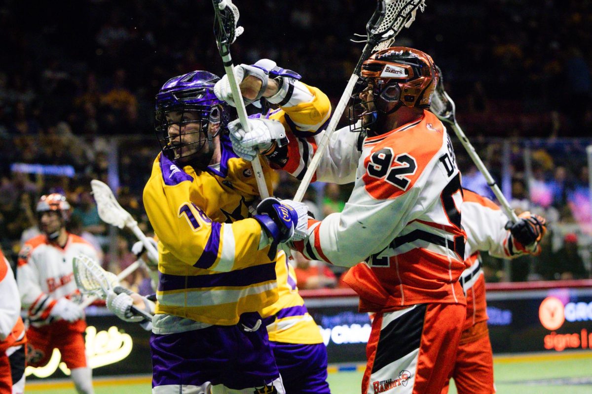 SD Seal transitioner Trent Dicicco fights off the opponent to get possession in the game against Buffalo Bandits on Mar. 21, 2026