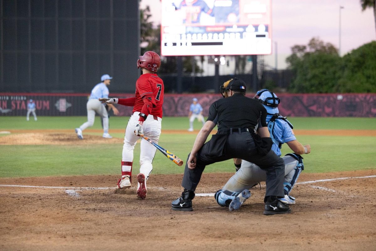 Gage Adams swings through the ball, hitting a solo home run to start the scoring for the Aztecs against the University of San Diego on Feb. 22, 2026, at Tony Gwynn Stadium. 