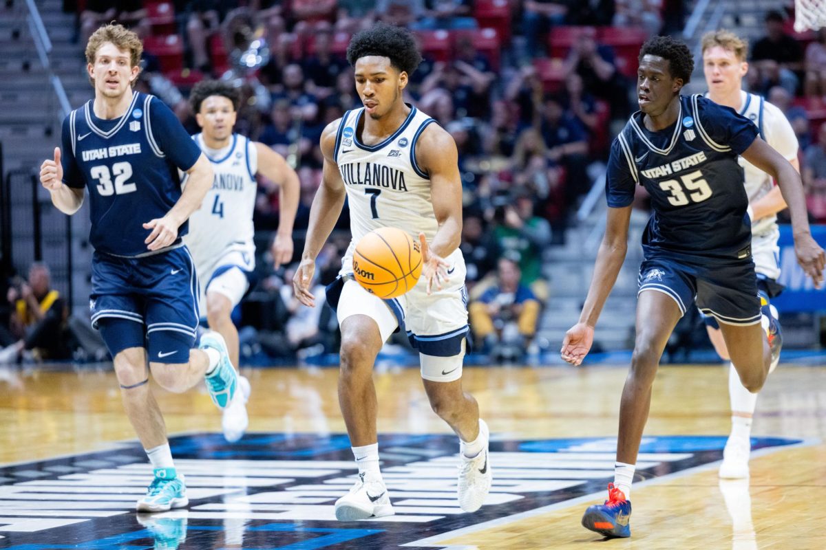 Villanova Guard Malachi Palmer (07) moves the ball down court during their 76-86 loss against the Utah State Aggies at Viejas Arena on March 20th, 2026.