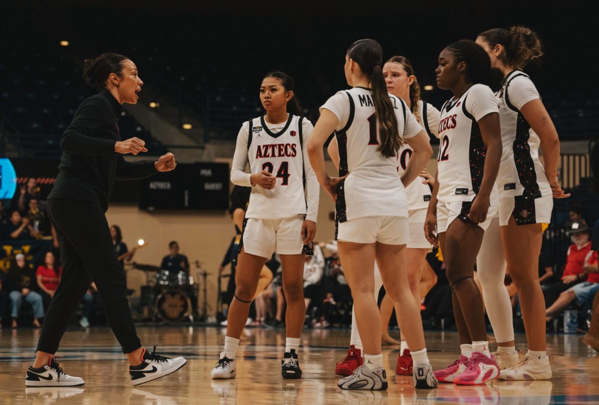 San Diego State women's basketball head coach Stacie Terry-Hutson talks strategy with her players before the start of the 4th quarter against UC Irvine on Thursday, March 20. 