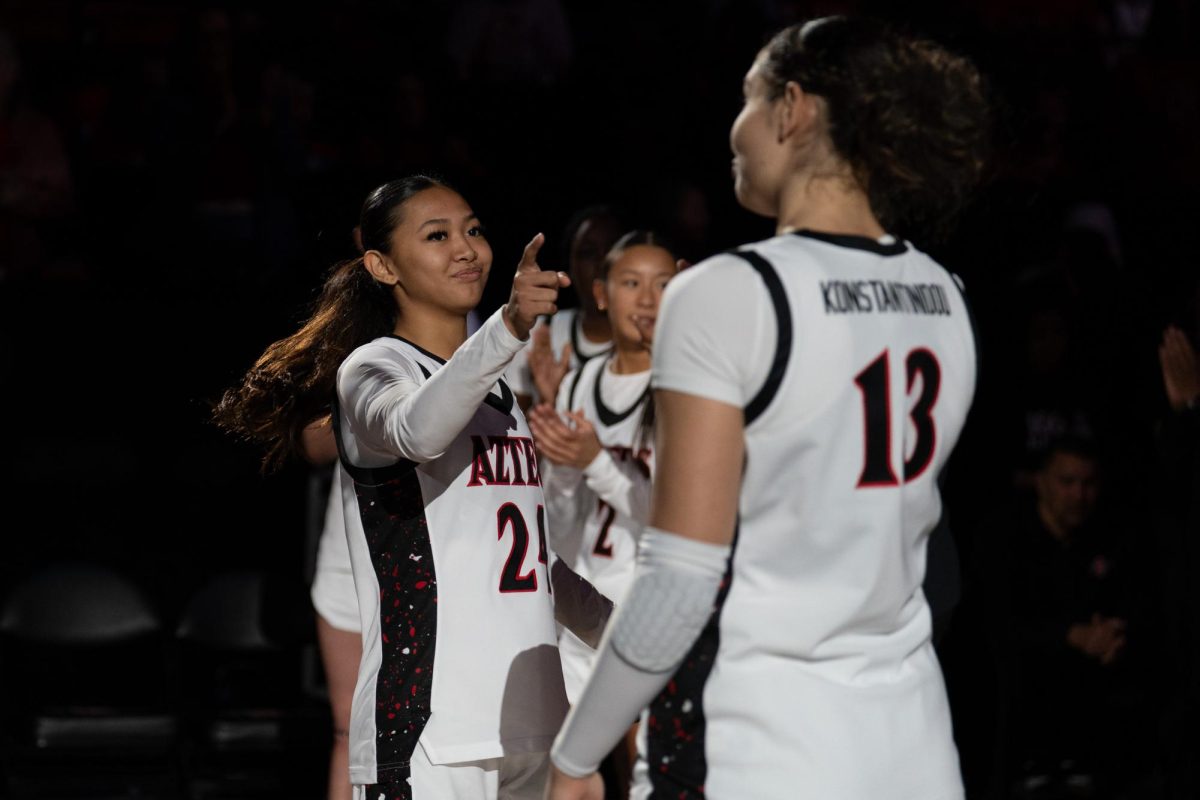 San Diego State sophomore guard Naomi Panganiban gestures to junior forward Maria Konstantinidou while getting introduced in a game against Fresno State, Saturday, Feb. 21, 2026, at Viejas Arena 