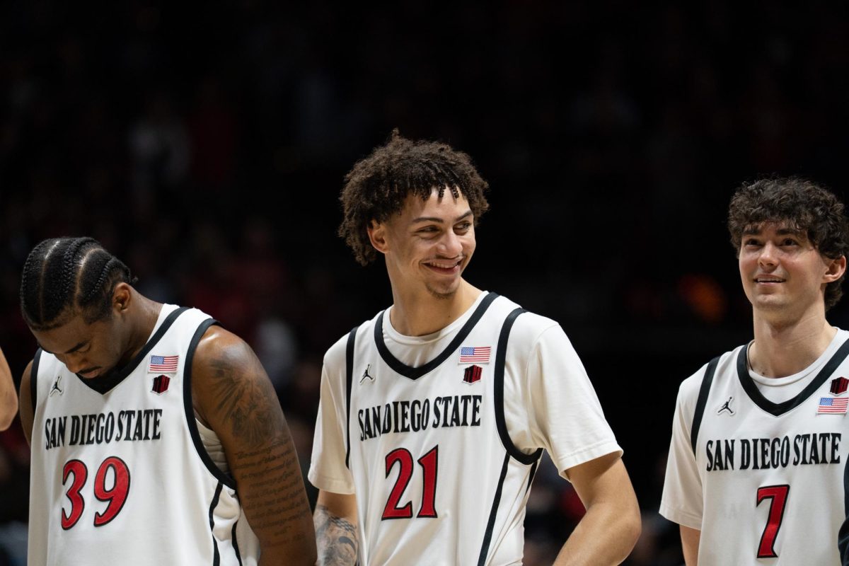 Junior guard Miles Byrd smiles with his teammates prior to matchup against Utah State Wednesday, Feb.26, 2026, at Viejas Arena.