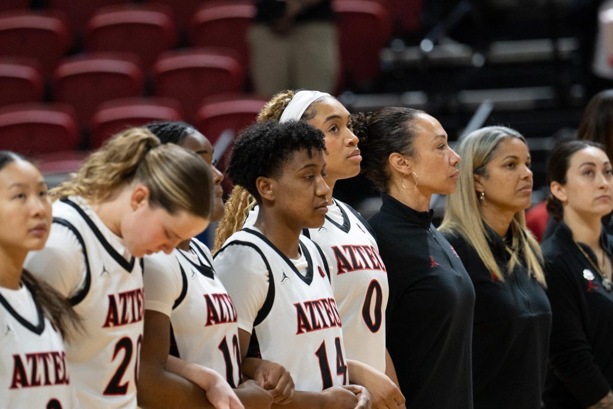 San Diego State sophomore guard Nala Williams stands for the national anthem before their game against Air Force, Sunday, Mar. 8, 2026, at the Thomas & Mack Center, Las Vegas, NV.