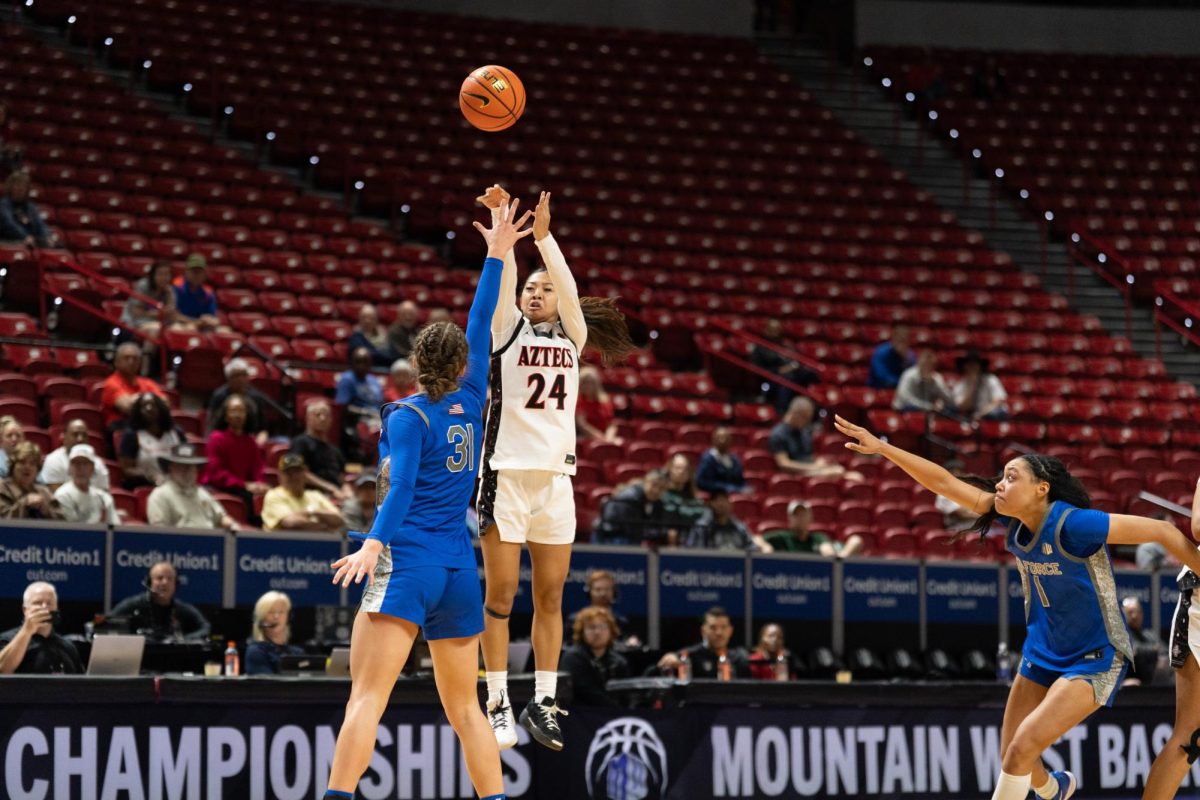 San Diego State sophomore guard Naomi Panganiban attempts a three-point shot in a 76-83 loss against Air Force, Sunday, Mar. 8, 2026, at the Thomas & Mack Center, Las Vegas, NV.