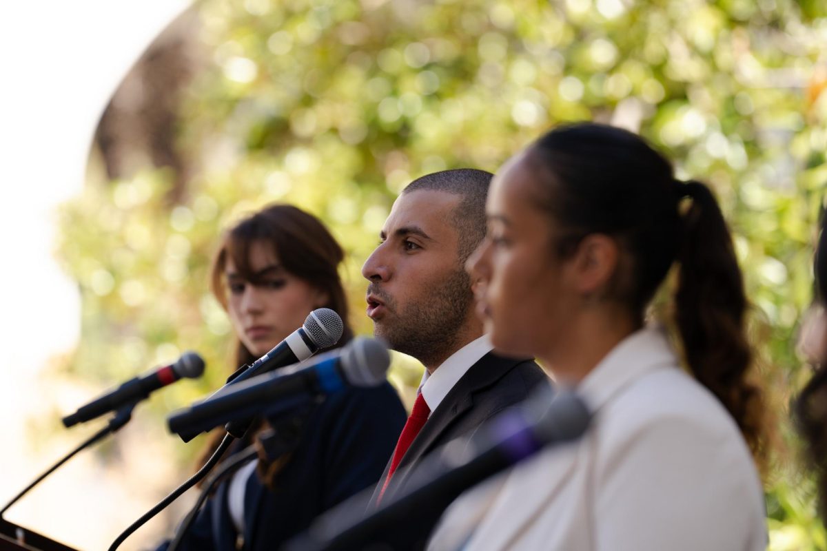 Presidential candidate Mohamed "Mokat" Erekat speaks to the audience during the Associated Students Presidential debates, Thursday, Mar. 19, 2026, at Conrad Prebys Aztec Student Union.