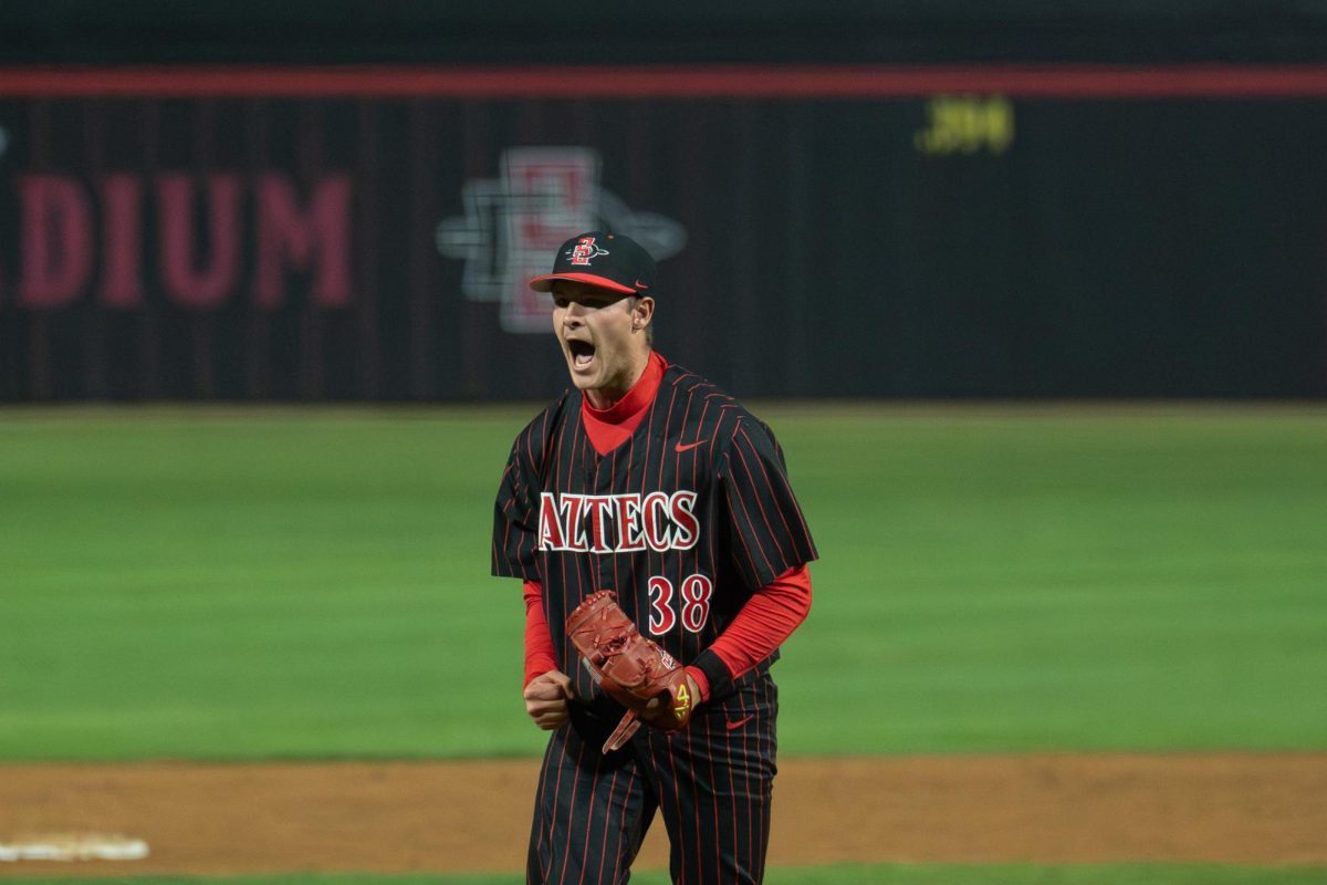 Senior pitcher Aidan Russell celebrates closing the game for the Aztecs in a 12-11 win against Long Island University, Friday, Feb. 13, 2026, at Tony Gwynn Stadium