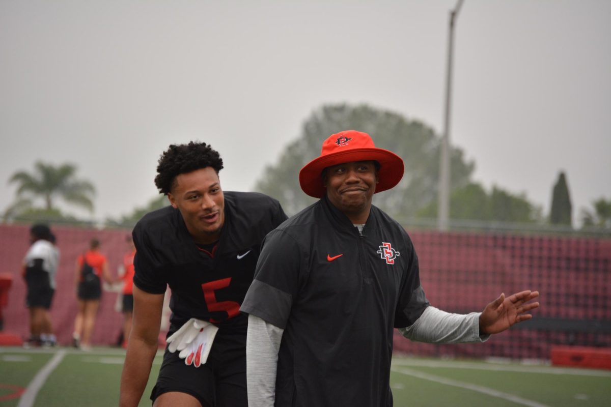 Senior wide receiver Bert Emanuel Jr. and wide receivers coach Matthew Middleton at practice at San Diego State University, Tuesday, Mar. 24, 2026.