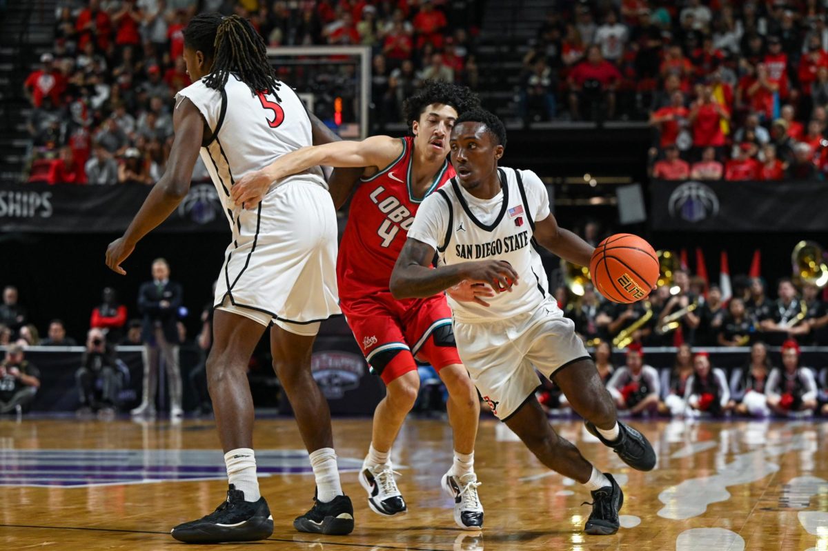 Junior Guard BJ Davis makes his way down the court During SDSU’s game against University of New Mexico on Friday March 14, 2026