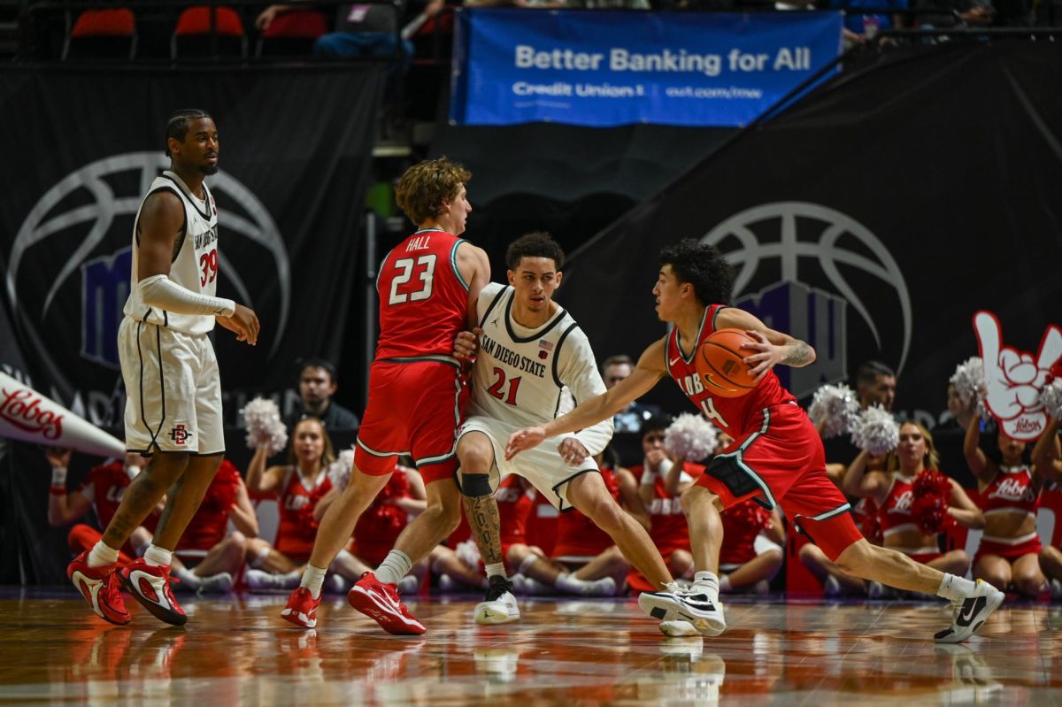 Junior guard Miles Byrd fights through a screen during SDSU’s game against University of New Mexico on Friday March 14, 2026.