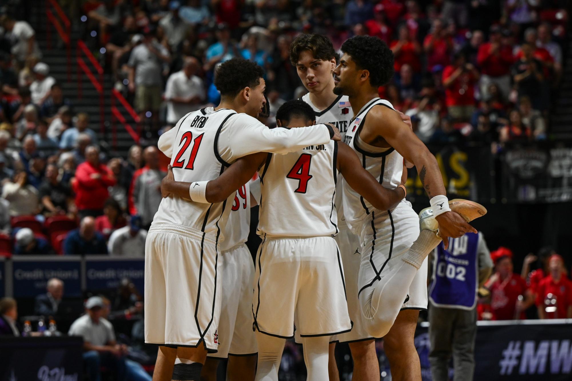San Diego State huddles after a play during a game against University of New Mexico on Friday March 14, 2026