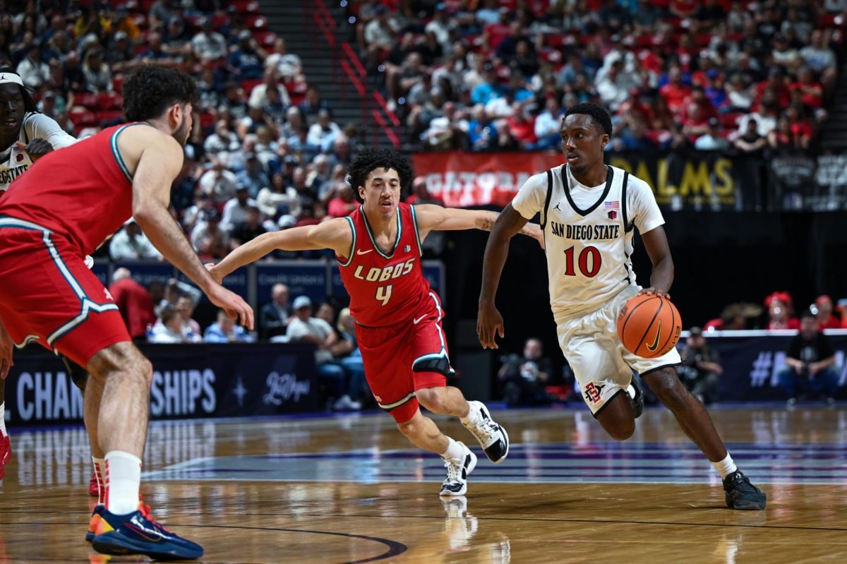 Junior Guard BJ Davis dribbles down the court During SDSU’s game against University of New Mexico on Friday March 14, 2026