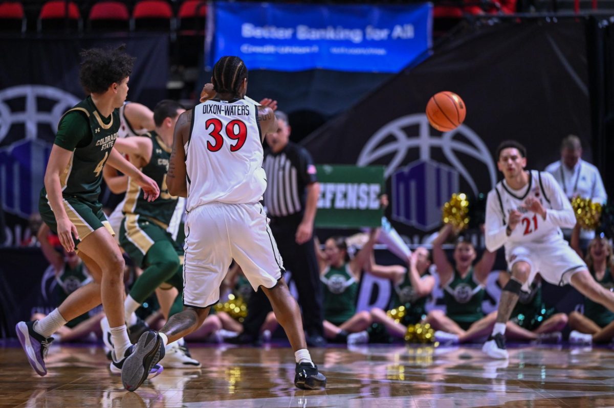 Senior Guard Reese Dixon-Waters passes the ball to Junior Guard Miles Byrd during SDSU's game against Colarado State University on Thur. March 12, 2026 at UNLV's Thomas and Mack Center in Las Vegas, Nevada