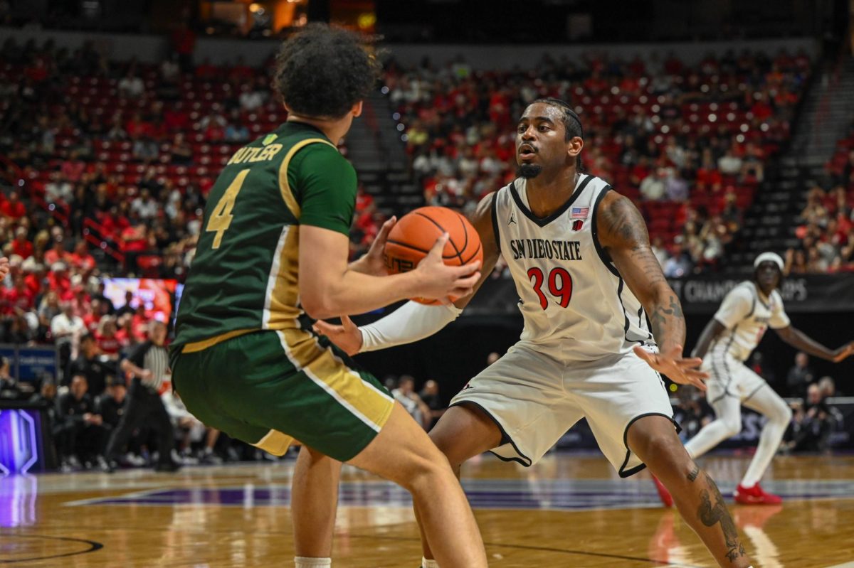 Senior Guard Reese Dixon-Waters blocks a Colorado State player during SDSU's game on Thur. March 12, 2026 at UNLV's Thomas and Mack Center in Las Vegas Nevada