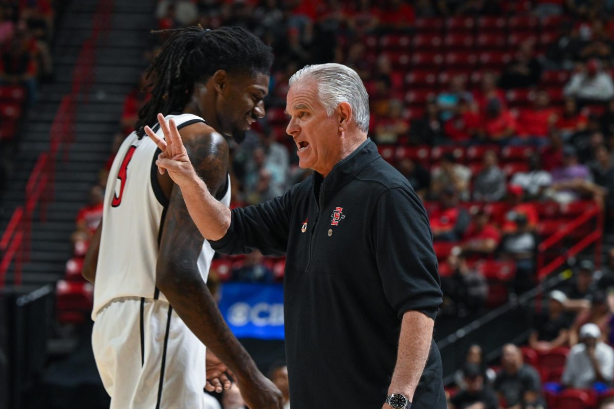 San Diego State head coach Brian Dutcher coaches from the sideline during their game against Colorado State on Thurs. March 12, 2025  