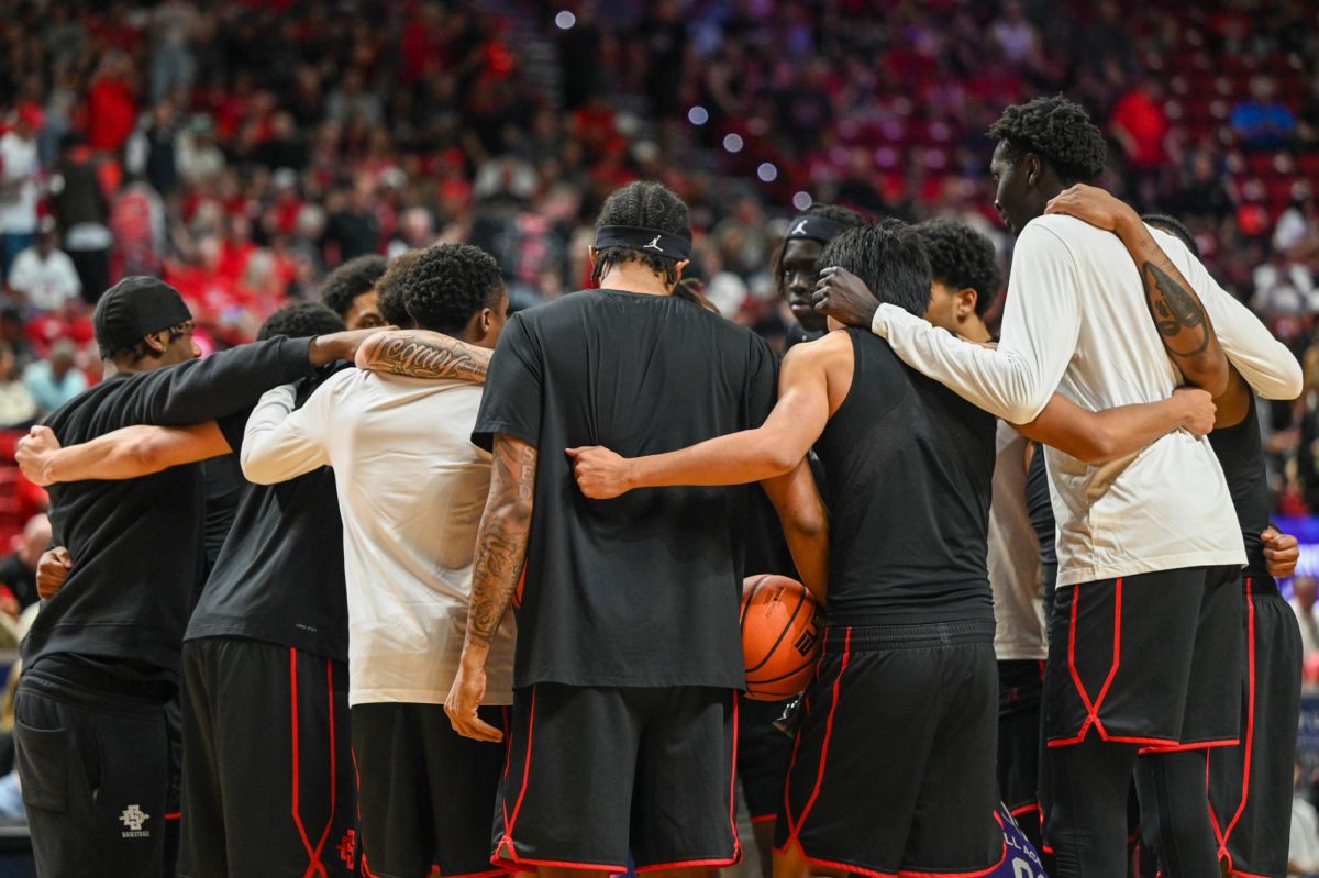 San Diego State men's basketball huddle up as a team before SDSU's game against Utah State on Sat. March 14, 2026