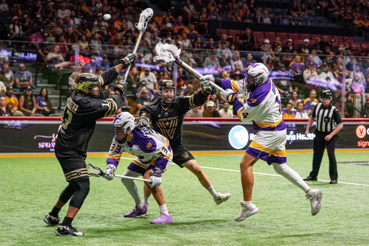 A pair of Vancouver Warriors face off against two Seals players during a game at Pechanga Arena on Sunday, Mar. 1, 2026. Image courtesy of the San Diego Seals 