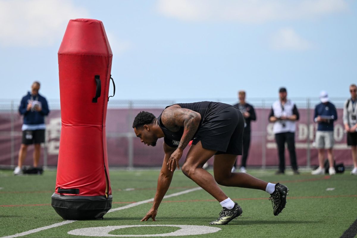 Edge Niles King sets up for a four bag drill during the NFL Pro Day on Wednesday March 11, 2026 at San Diego State University
