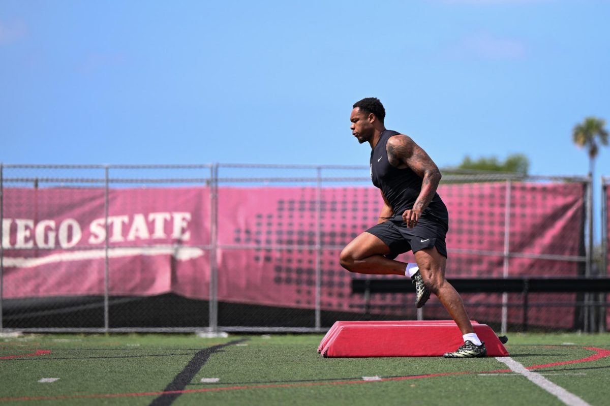 Edge Niles King participates in a drill during the NFL Pro Day on Wednesday March 11, 2026 at San Diego State University