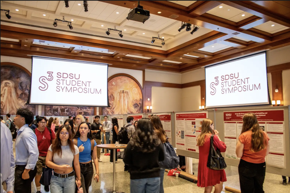 Students walking around the SDSU Student Symposium at Montezuma Hall in the Student Union