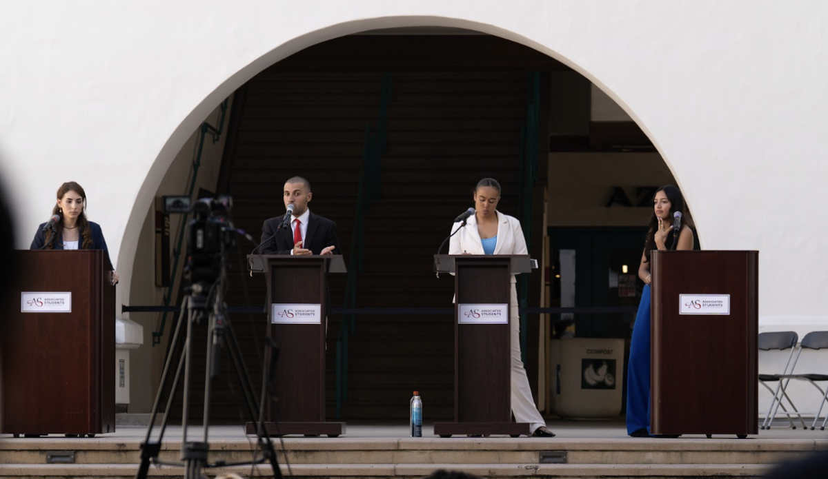Julia Biesman, Mokat, Milan Rawls and Isabella Marie Martinez (left to right) plead their cases in the race for Associated Students president at the Conrad Prebys Aztec Student Union Courtyard on March 19, 2026. 