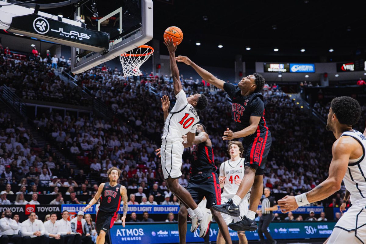 SDSU junior guard BJ Davis attempts a layup against UNLV on Friday, March 6, 2026, at Viejas Arena. 