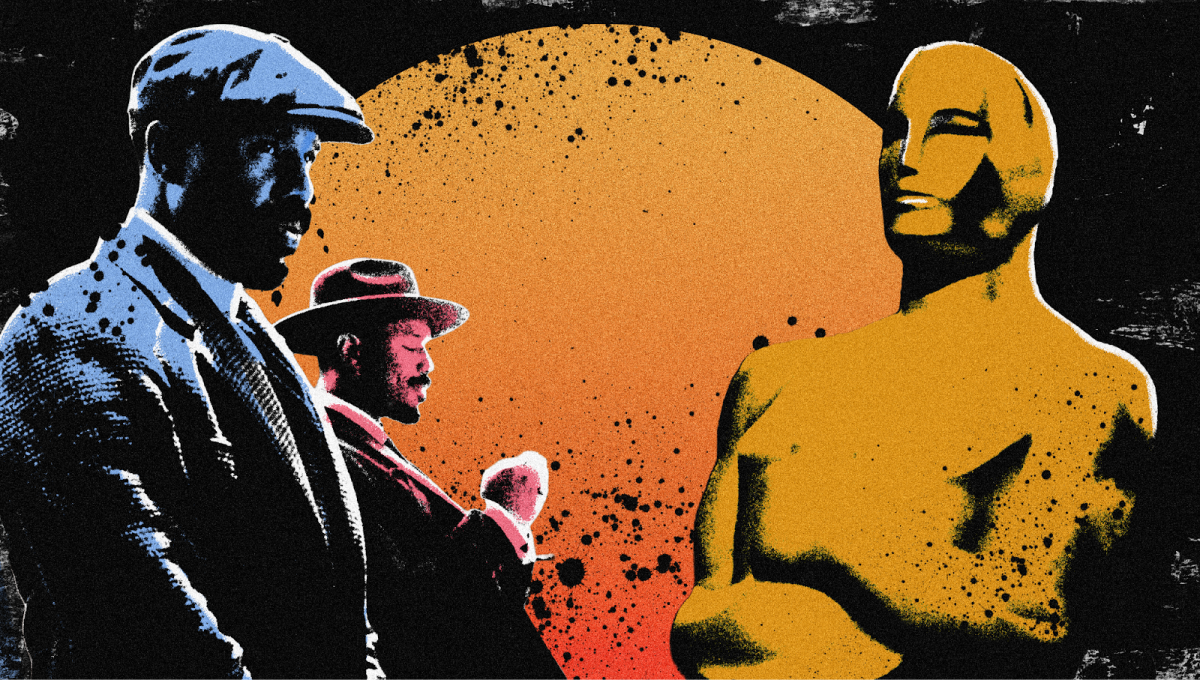 Michael B. Jordan's "Sinners" characters opposite an Oscar award. 
