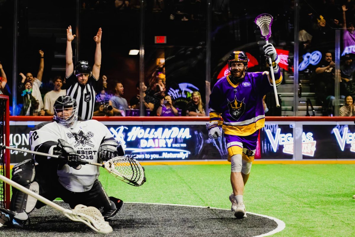 SD Seal Forward Connor Robinson raises his stick up high in celebration of scoring a goal during the
game against LV Desert Dogs on Apr. 17, 2026