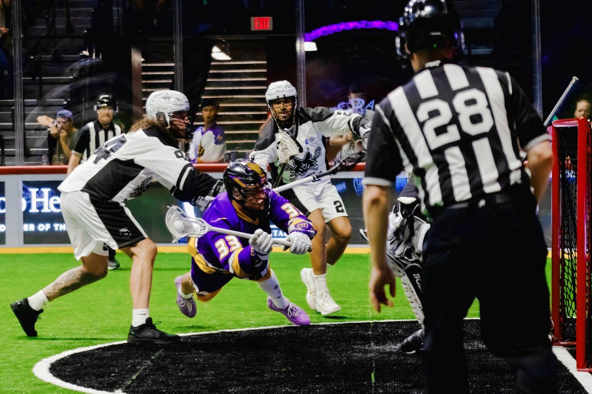 SD Seal forward Tre Leclair dives forward to create room for a shot during the game against LV Desert Dogs on Apr. 17, 2026