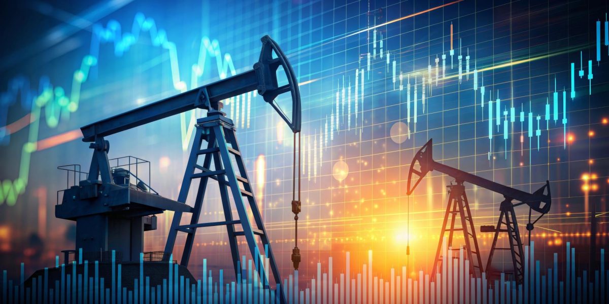 Oil pumpjacks against market data illustrate how global conflict and constrained supply chains drive rising gas prices.