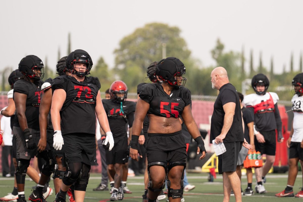 San Diego State sophomore center Michael Watkins walks on the field during spring practice, Thursday, April 9, 2026, at San Diego State University.