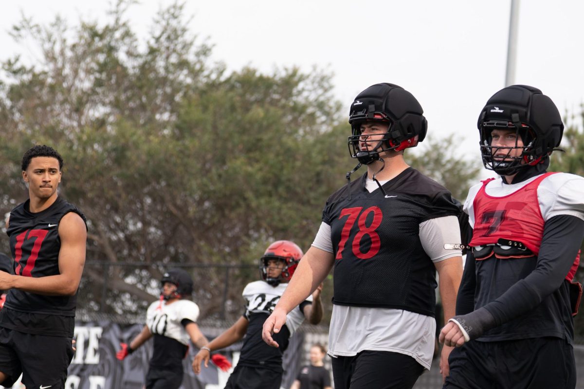 San Diego State senior offensive lineman Joseph Borjon (78) stretches with his teammates during spring practice, Thursday, April 9, 2026, at San Diego State University.