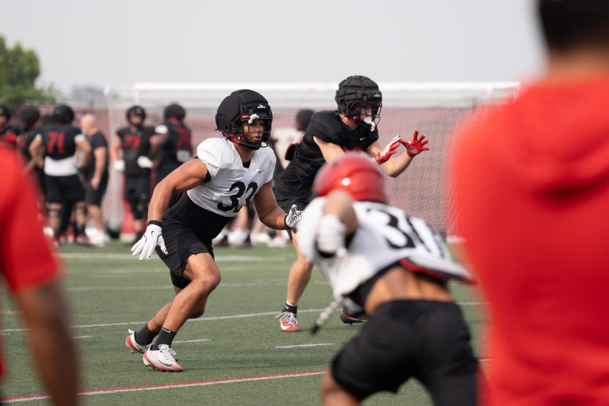 San Diego State senior edge Brady Nassar participates in a drill during spring practice, Thursday, April 9, 2026, at San Diego State University.